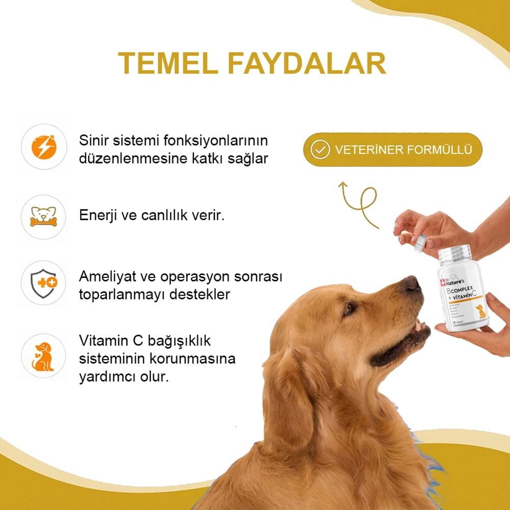 Köpekler İçin B-Complex C Vitamini -Enerji Metabolizması ve Desteği Sağlayan 75 Tablet