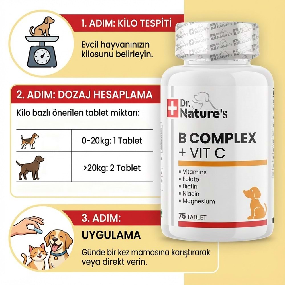 Köpekler İçin B-Complex C Vitamini -Enerji Metabolizması ve Desteği Sağlayan 75 Tablet