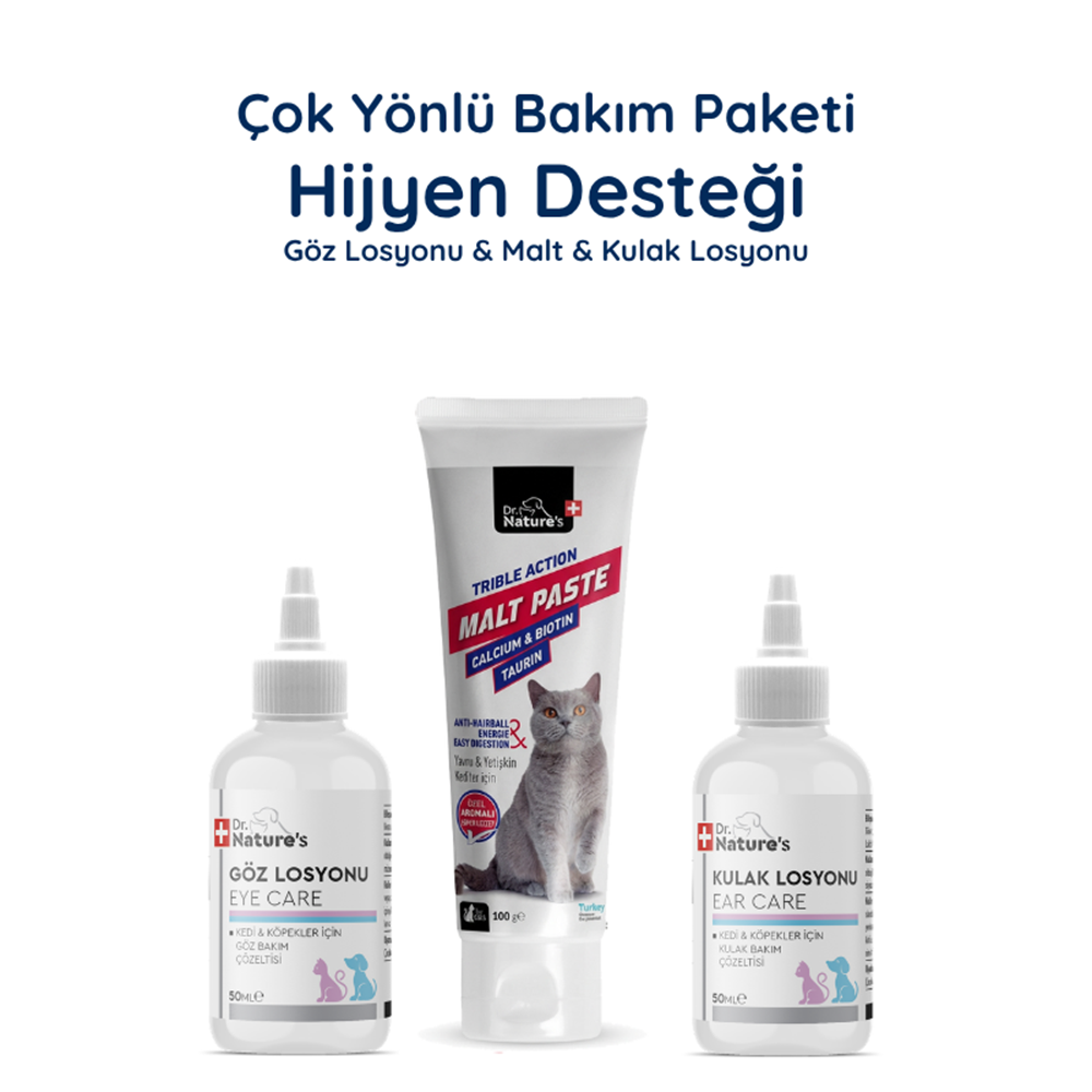 Kedi Malt Macunu 100 g + Göz ve Kulak Temizleme Solüsyonu Seti – 3’lü Kedi Bakım Paketi