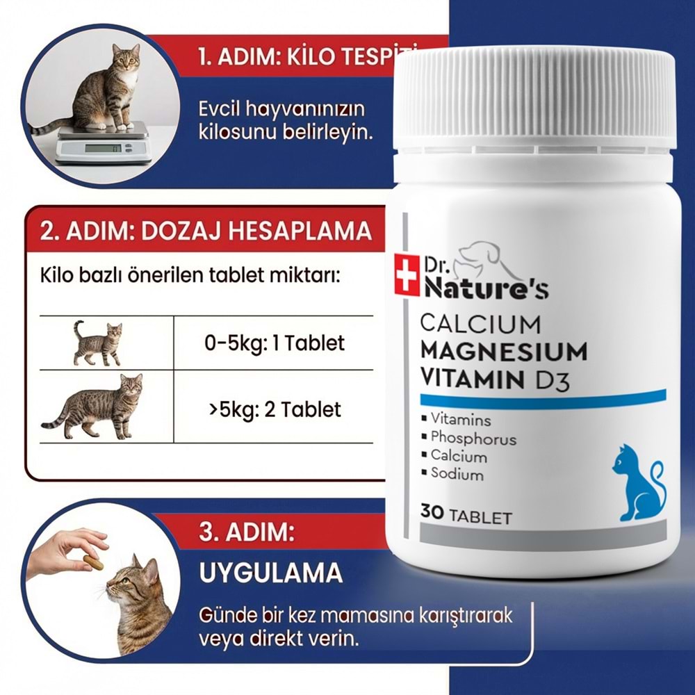 Drnature Kediler için KALSIYUM MAGNETZYUM VİTD3 30 Tablet