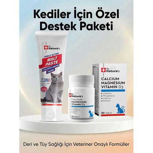 Kediler İçin Tüy Yumağı Önleyici ve Sindirim Destekleyici Kedi Malt Macunu – 100g Calcium 30 Tablet Destek Paketi