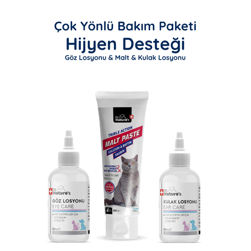 Kedi Malt Macunu 100 g + Göz ve Kulak Temizleme Solüsyonu Seti – 3’lü Kedi Bakım Paketi