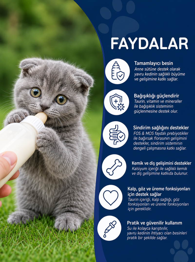Kitten Milk Yavru Kedi ve Hamile Anne Kedi Besleyici Süt Tozu Taurin ve Prebiyotik Takviyeli 200 Gr