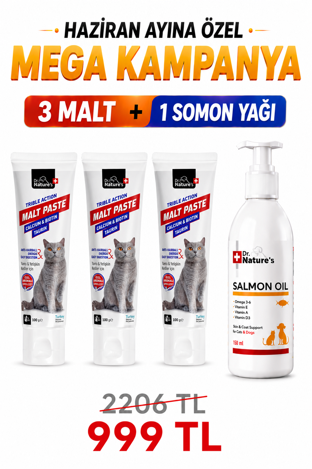 Kedi Maltı ve Somon Yağı Avantaj Seti – 3 Adet Malt Macunu + 1 Adet Omega 3 Somon Yağı