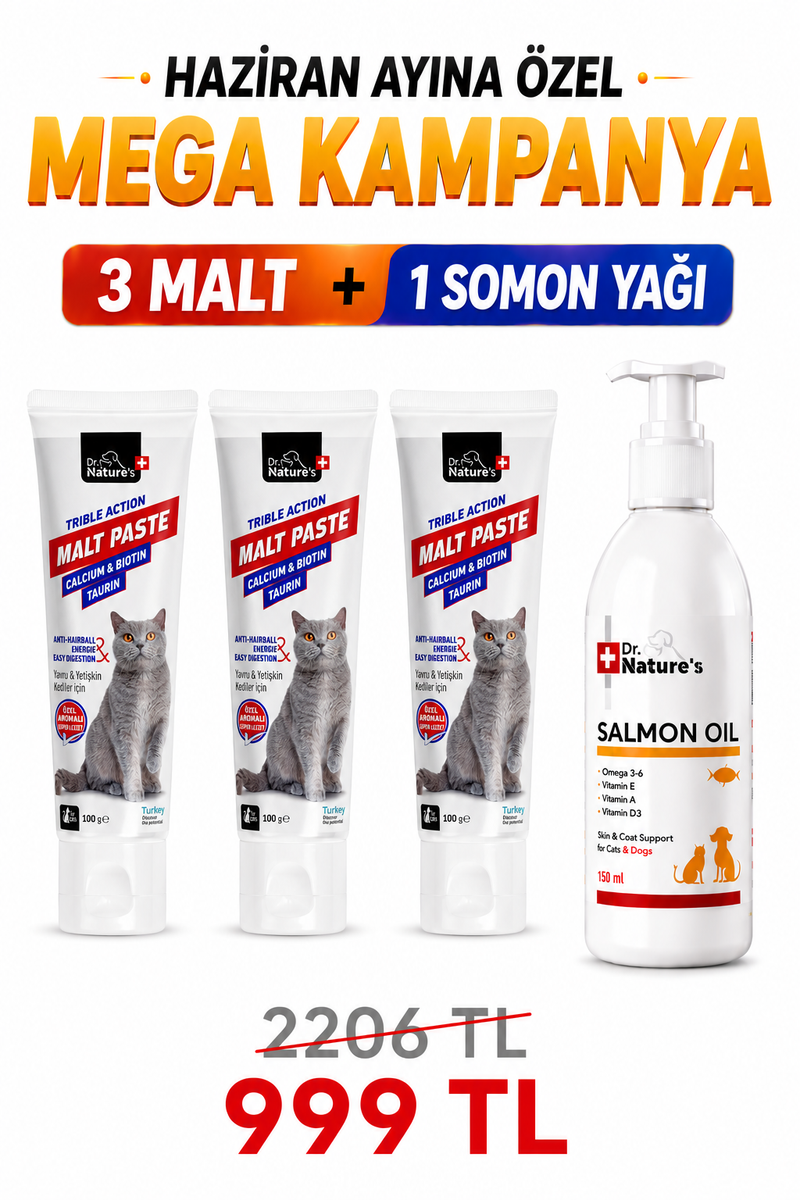 Kedi Maltı ve Somon Yağı Avantaj Seti – 3 Adet Malt Macunu + 1 Adet Omega 3 Somon Yağı
