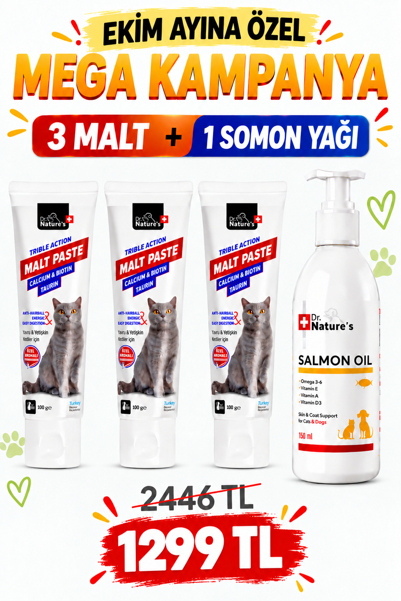 Kedi Maltı ve Somon Yağı Avantaj Seti – 3 Adet Malt Macunu + 1 Adet Omega 3 Somon Yağı