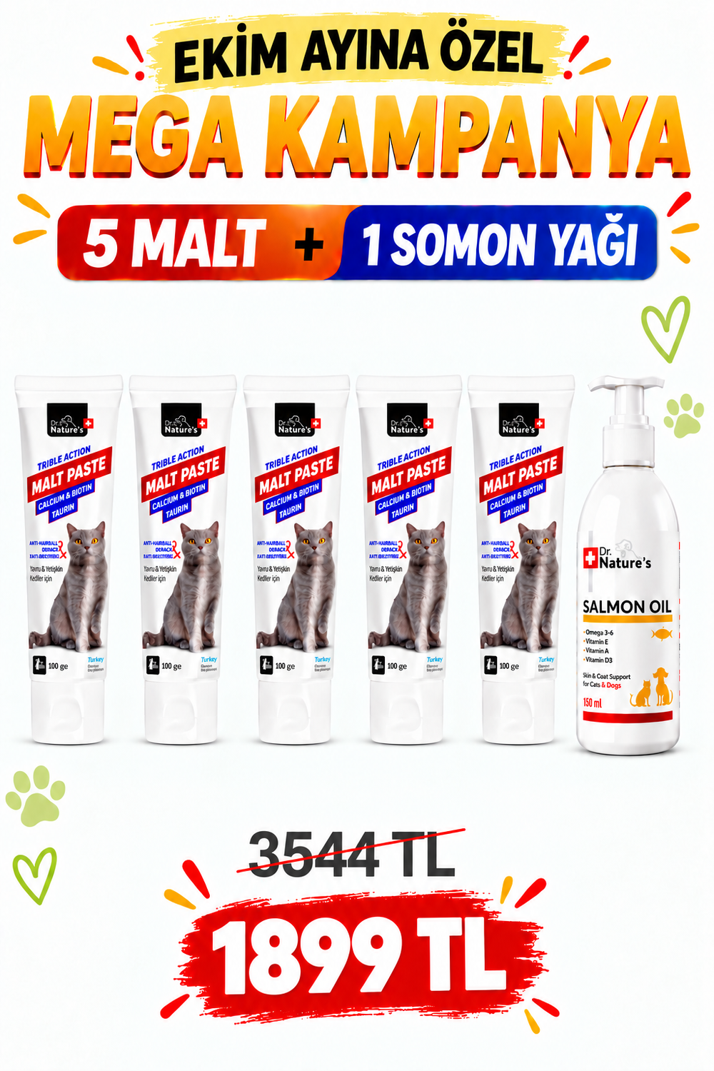 Kedi Maltı Mega Avantaj Seti – 5 Adet Malt Macunu + 1 Adet Omega 3 Somon Yağı
