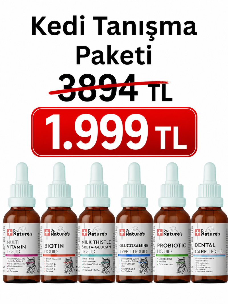 Kedi Likit Tanışma Paketi – Probiyotik, Biotin, Glukozamin, Multivitamin, Milk Thistle ve Dental Care Seti - 6'lı Likit Destek Seti