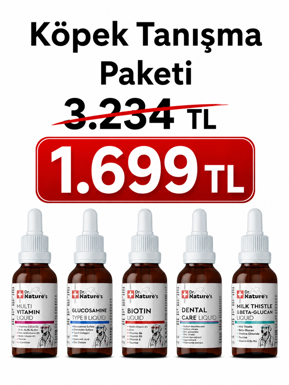 Köpek Likit Tanışma Paketi – Glukozamin, Biotin, Multivitamin, Milk Thistle ve Dental Care Seti – 5'li Likit Destek Seti