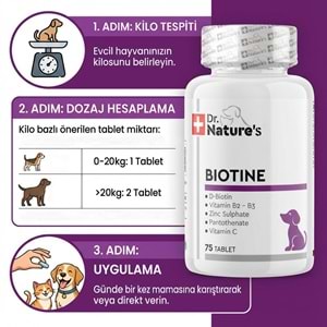 Köpekler İçin Biotin – Deri ve Tüy Sağlığı Vitamini, Tüy Dökülmesine Karşı Destek (75 Tablet)