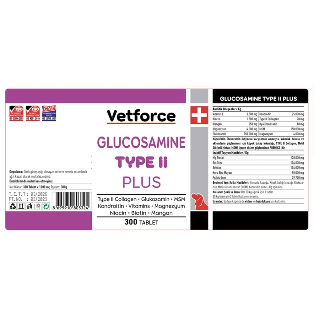 VETFORCE DOG GLUCOSAMINE TYPEII 300 TABLET( Köpeklerde Eklem desteği )