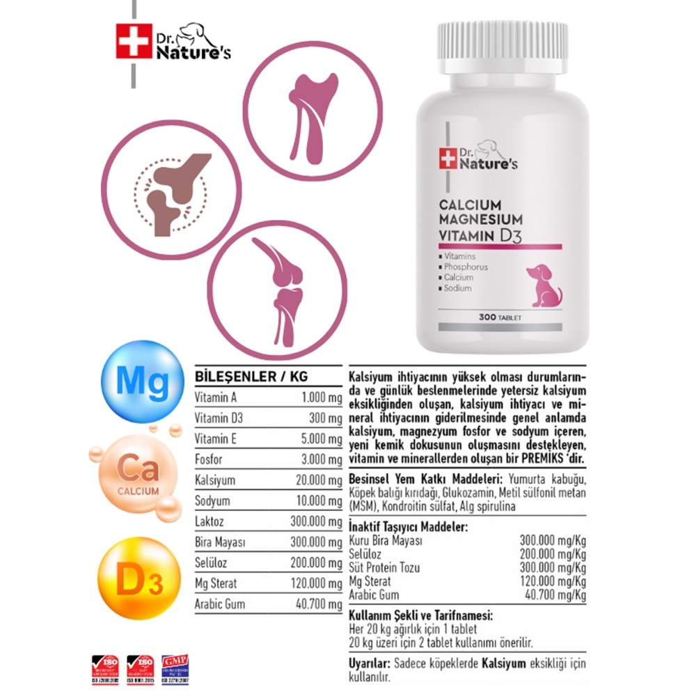 Drnatures Dog Calcıum Magnezyum Köpek Kalsiyum Eklem Destekleyici Besin Takviyesi( 300 Tablet)
